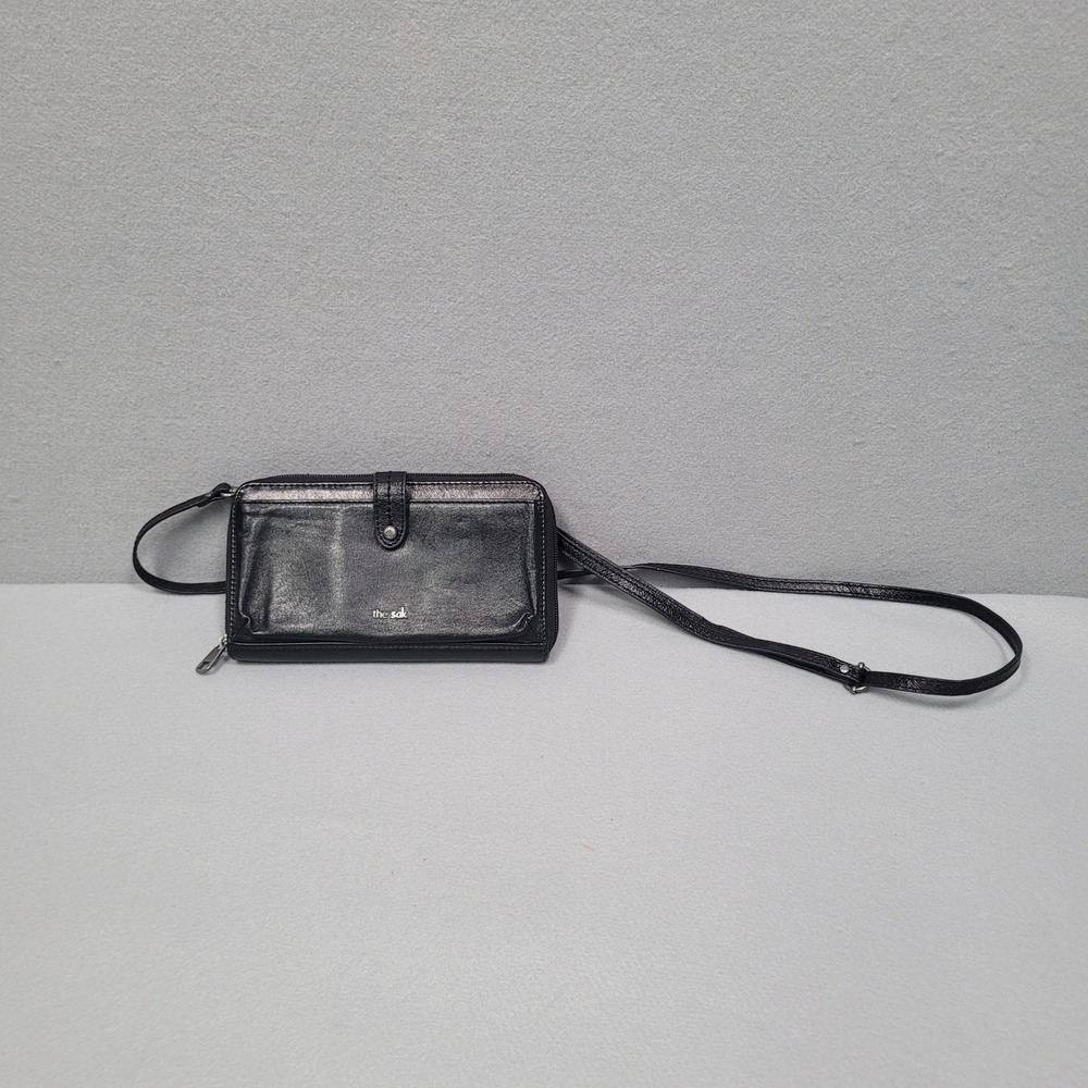 The Sak Black Leather Crossbody Wallet Purse Zip Around Organizer Bag